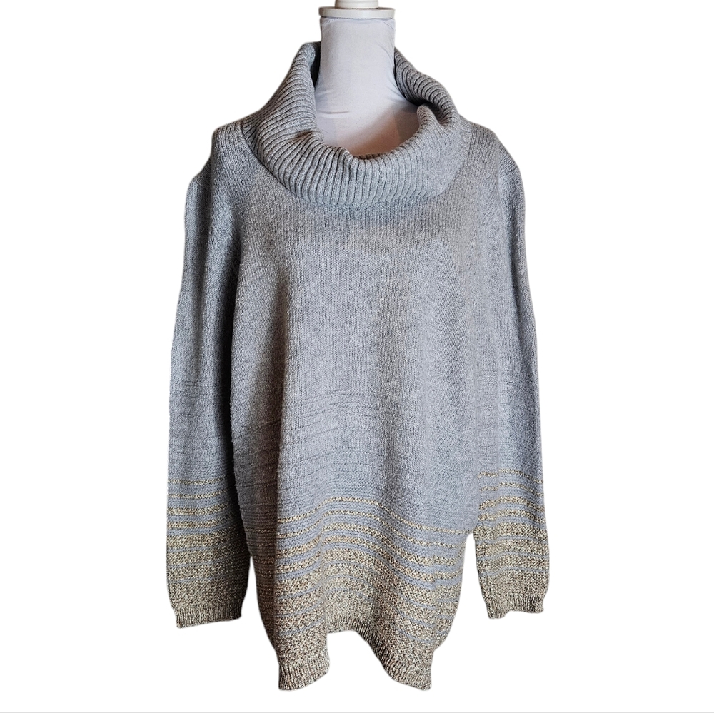 Calvin Klein Cowl Neck Turtleneck Knit Sweater Sz XL Gray Gold Shimmer Striped